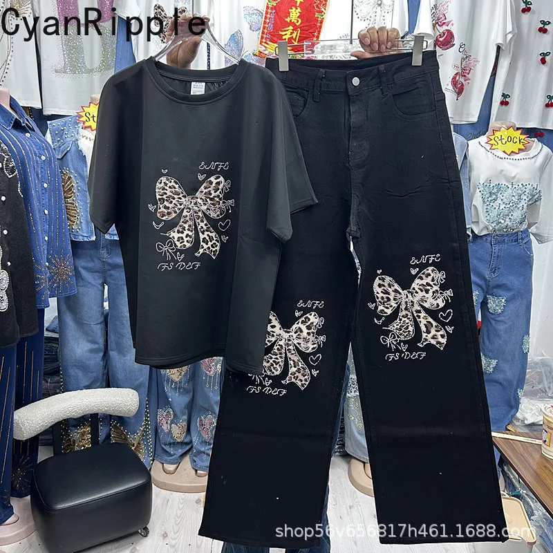 

Fashion Spring Summer Women Two-piece Set Leopard Bow Diamonds Black Short Sleeve T-shirt Top + High Waist Wide Leg Denim Pants