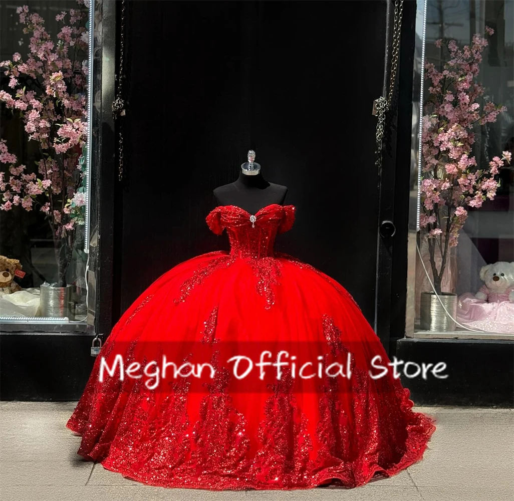 Red Bead Appliques Quinceanera Desses Off The Shoulder Bow Ball Gown 2024 Birthday Luxury Dress Sequin Princess Gown Customized