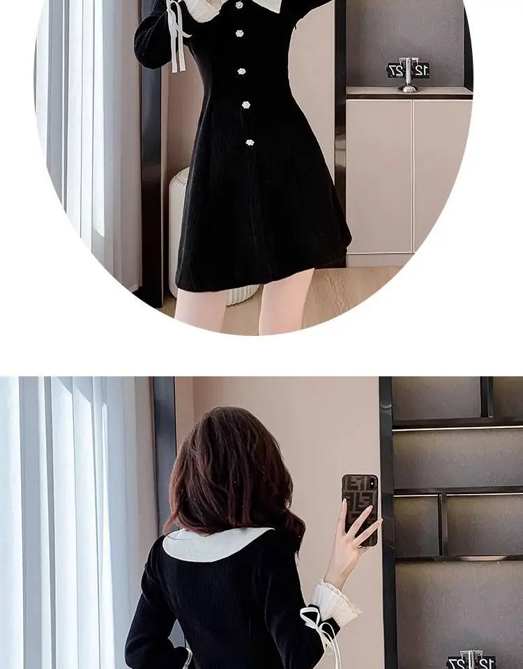 Corduroy Dress Women\'s Doll Collar Ruffled Long Sleeved Short Skirt