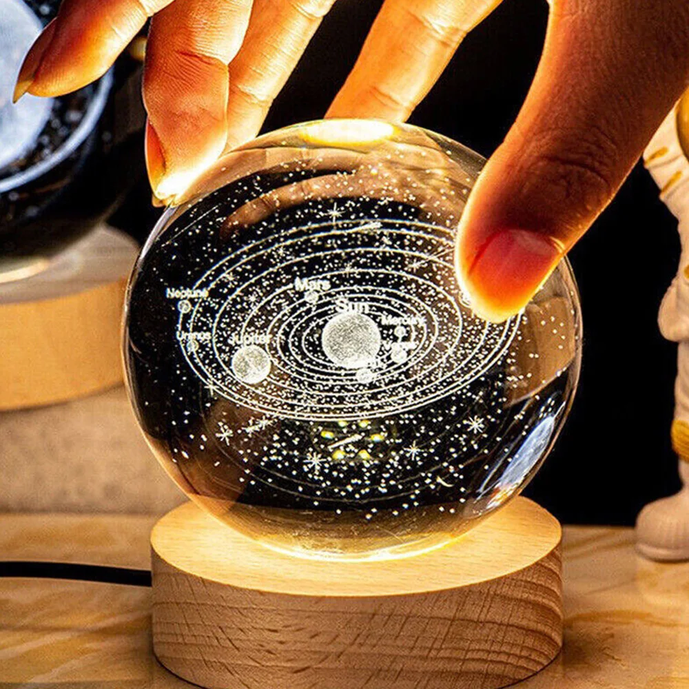 3D Crystal Ball Lamp Laser Engraved Solar System Planet Moon Night Lights Home Desktop Decor Astronomy Lover Kids Birthday Gift