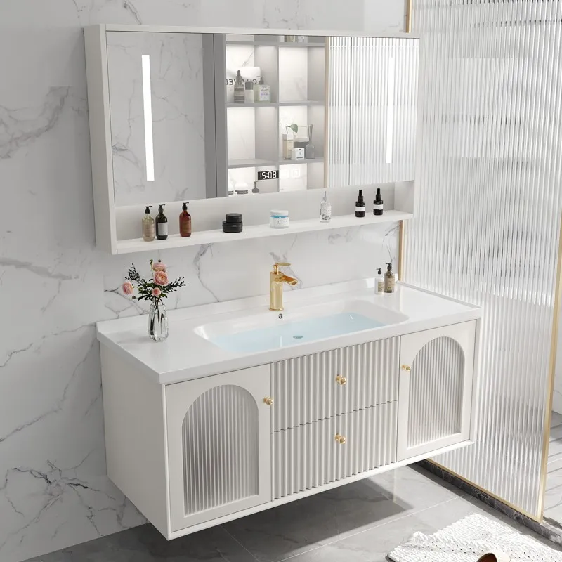 

Oak bathroom cabinet ceramic integrated basin solid wood simple modern French bathroom washbasin cabinet combination