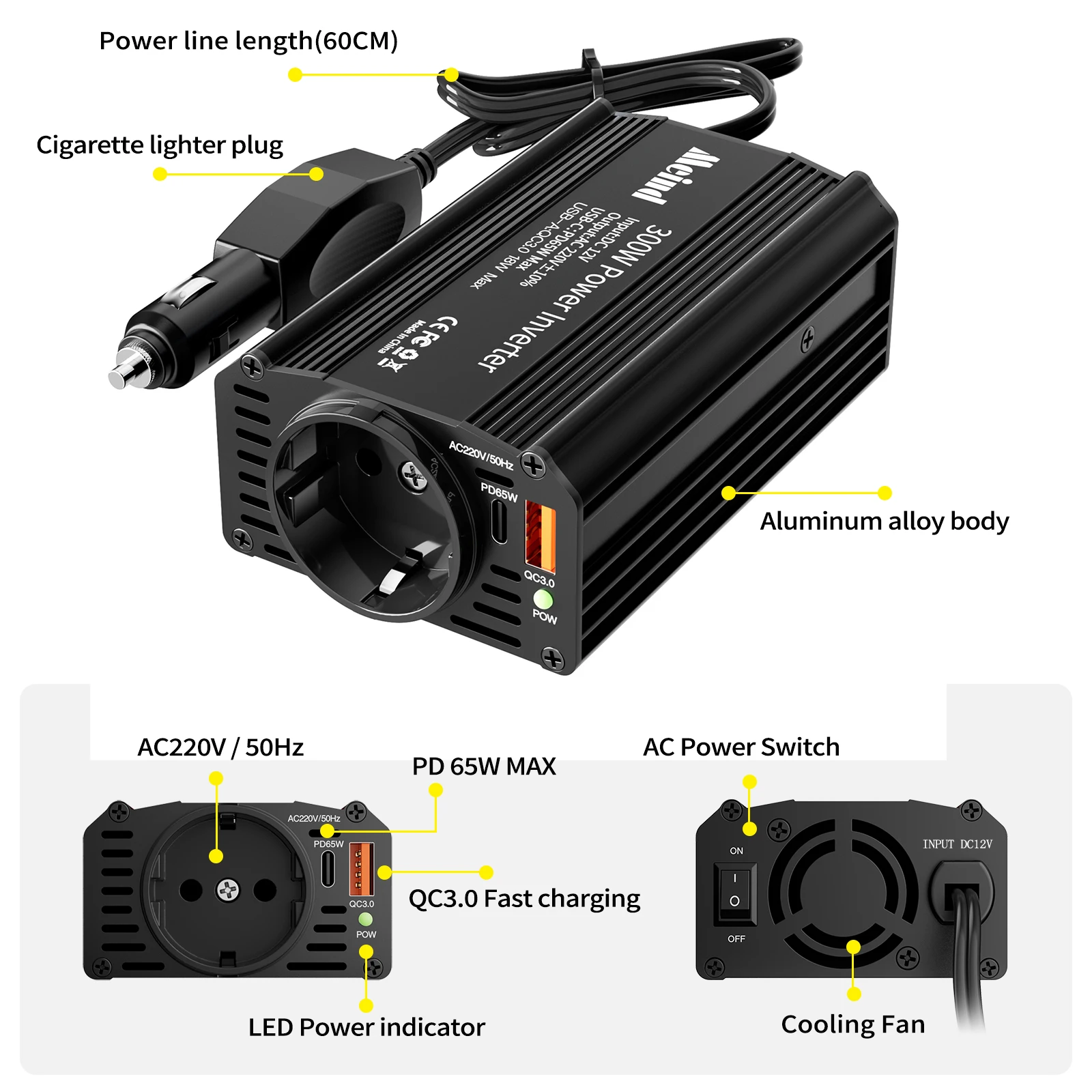 Meind 300W Car Power Inverter with EU Socket DC12V to AC220V Car Charger with Dual USB ports PD65W + QC3.0
