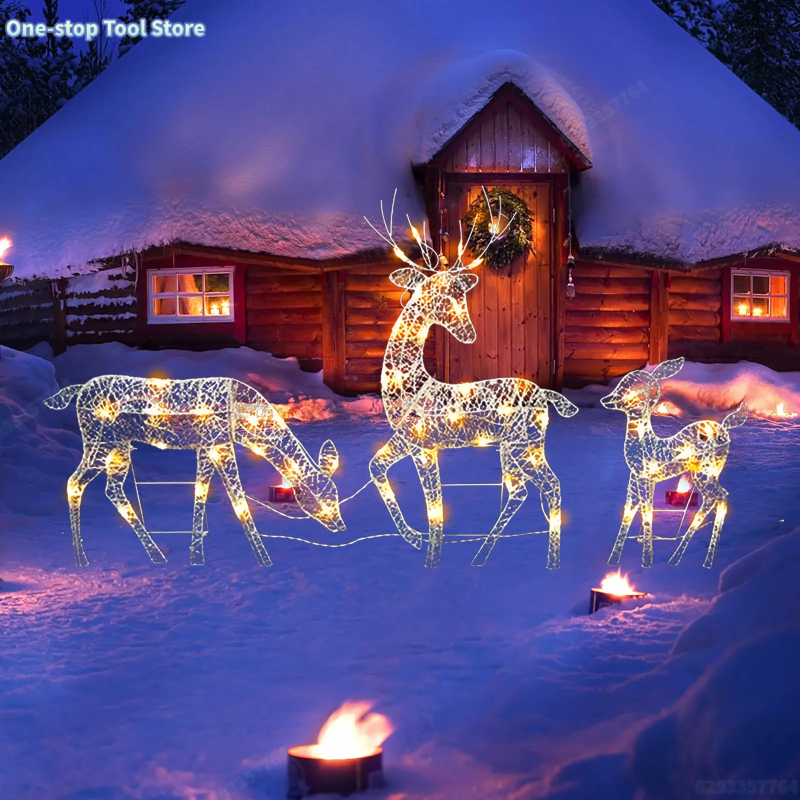 Cerf éclairé en famille de renne, 3 pièces, décor de noël avec lumières Led, Bucks lumineux, cour intérieure ou extérieure