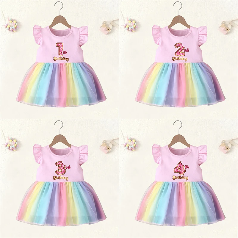 

Baby Girl Clothes Age 1 2 3 4 Years Birthday Infant Dress Donut Princess Pink Vestidos Toddler Girls Rainbow Mesh Party Dresses