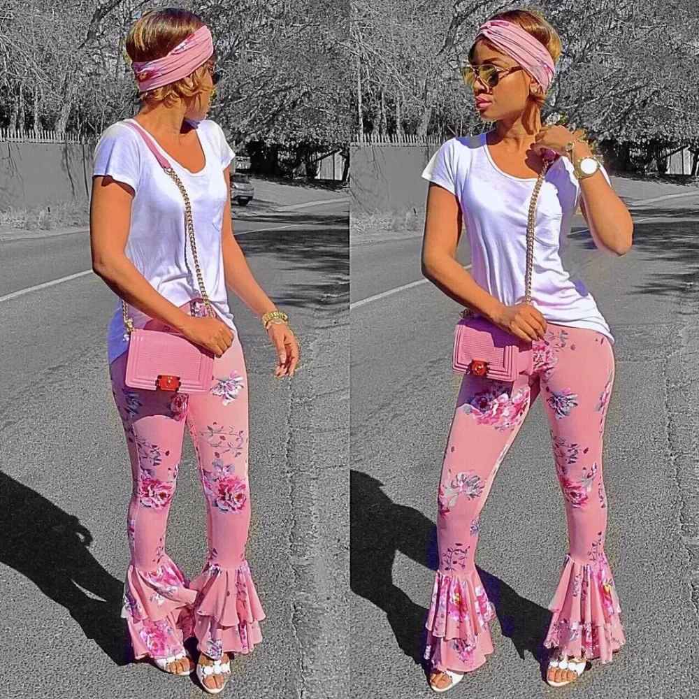 

Boho Summer New Fashion Pink Floral Printing Flare Pants Women Flower Ruffled Draped Pants Ladies Wide Leg Slim Pants Hot Trouse