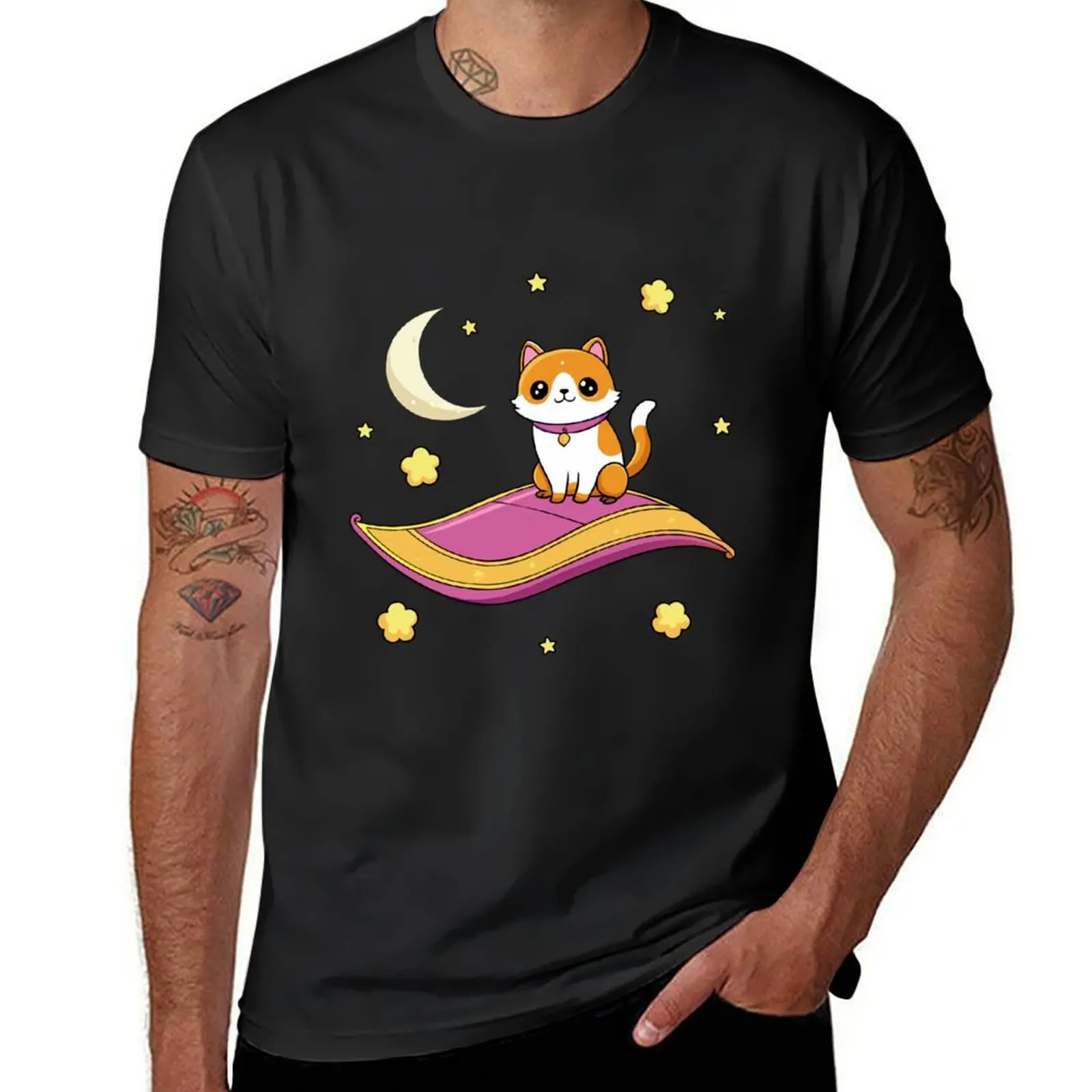 Kawaii Cat Soars on a Magical Flying Carpet Through Mystical Skies T-Shirt boys animal print vintage men t shirts