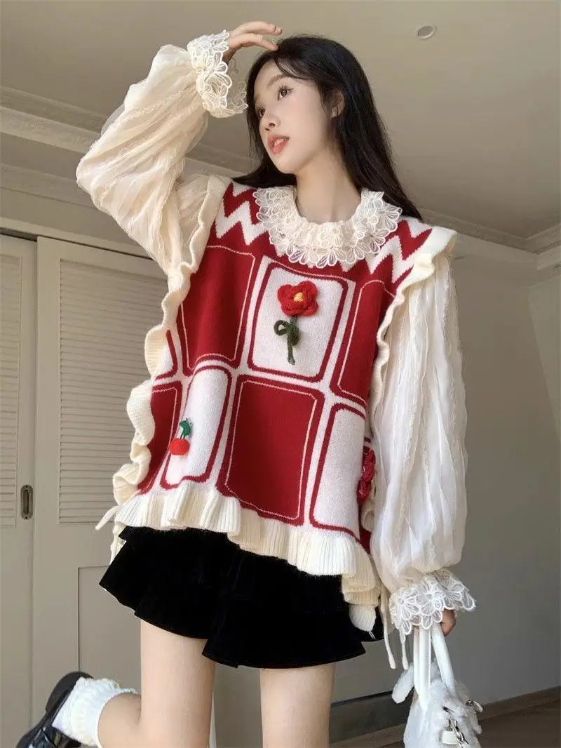 Sweet Anti-Aging 3D Flower Knitted Vest Women's Autumn Winter Loose Overhead Sleeveless Layering Sweater Vest round Neckline