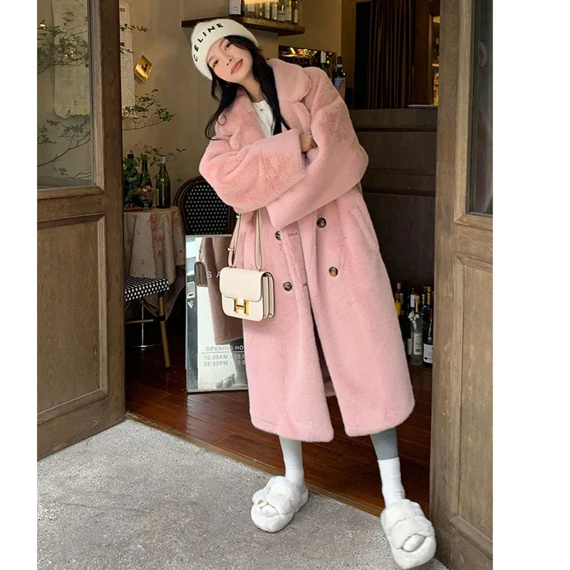 2025 가을 겨울 파카 두꺼운 롱 슈트 칼라 인조 밍크 퍼 원피스 재킷 친환경 퍼 코트 여성 아우터