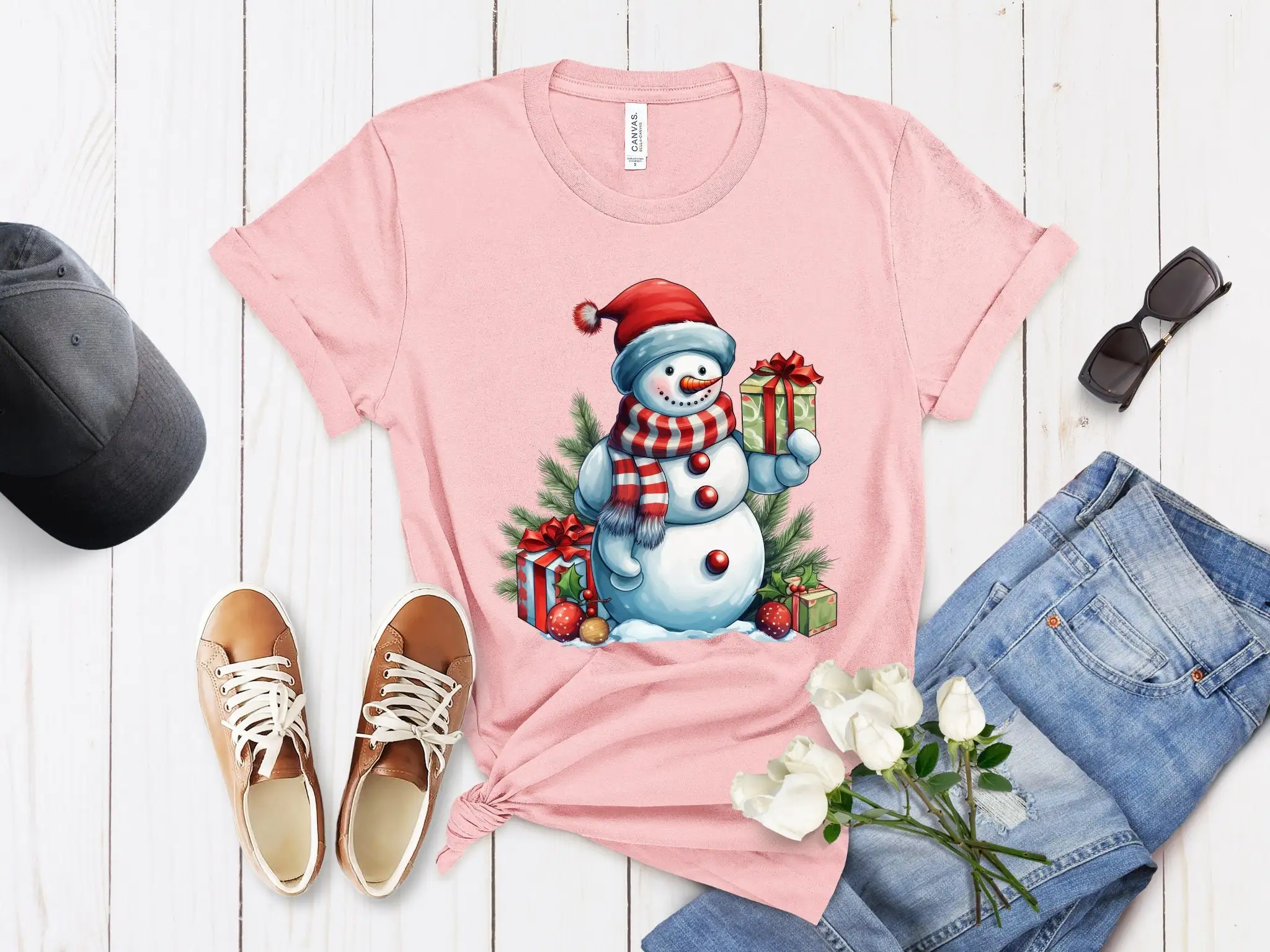 Vintage Snowman Christmas T Shirt with Hat Scarf and Box Design Festive Xmas Holiday Apparel Top