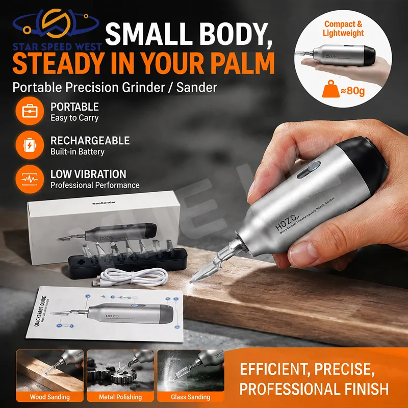 HOZO NeoSander Cordless Electric Mini Sanding Tool with Low Vibration Design 8 Interchangeable Heads for Metal Jewelry Finishing