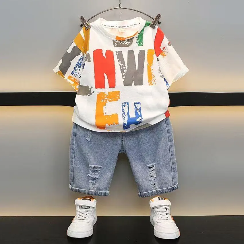 

2025 New Summer Baby Boys Clothes Cartoon Sports T-Shirt + Denim Shorts Two-piece Set for Toddler Infant Clothing Casual Outfits