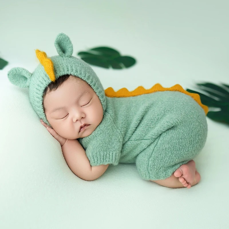 Pasgeboren Fotografie Kleding Dinosaurus Pop Groene Plant Poseren Rekwisieten Gebreide Kinderen Muts Jumpsuit Studio Schieten Scene Kostuum