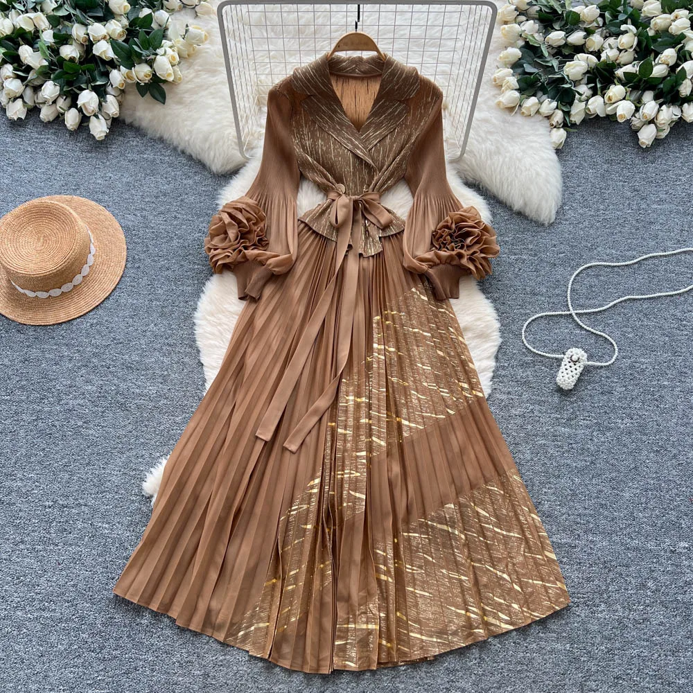 Chique sexy elegante driedimensionale bloemen ruches met lange mouwen A-lijn fee herfst vestidos deel dameskleding