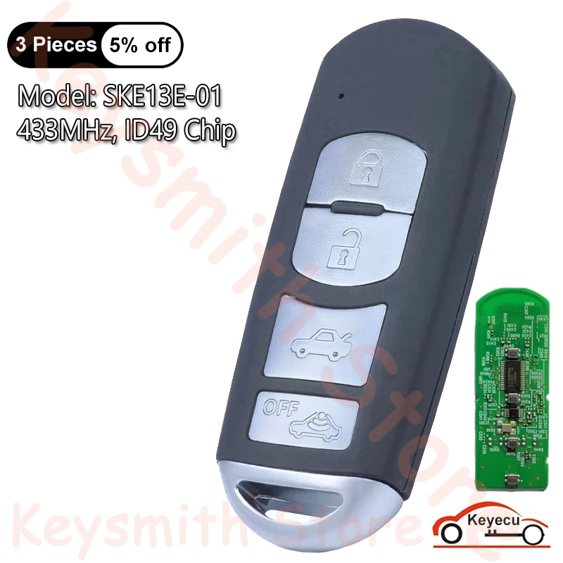

KEYECU 4 кнопки 433 МГц ID49 чип для Mazda 3 6 MX-5 автоматический умный пульт дистанционного управления брелок OEM замена платы Модель: SKE13E-01