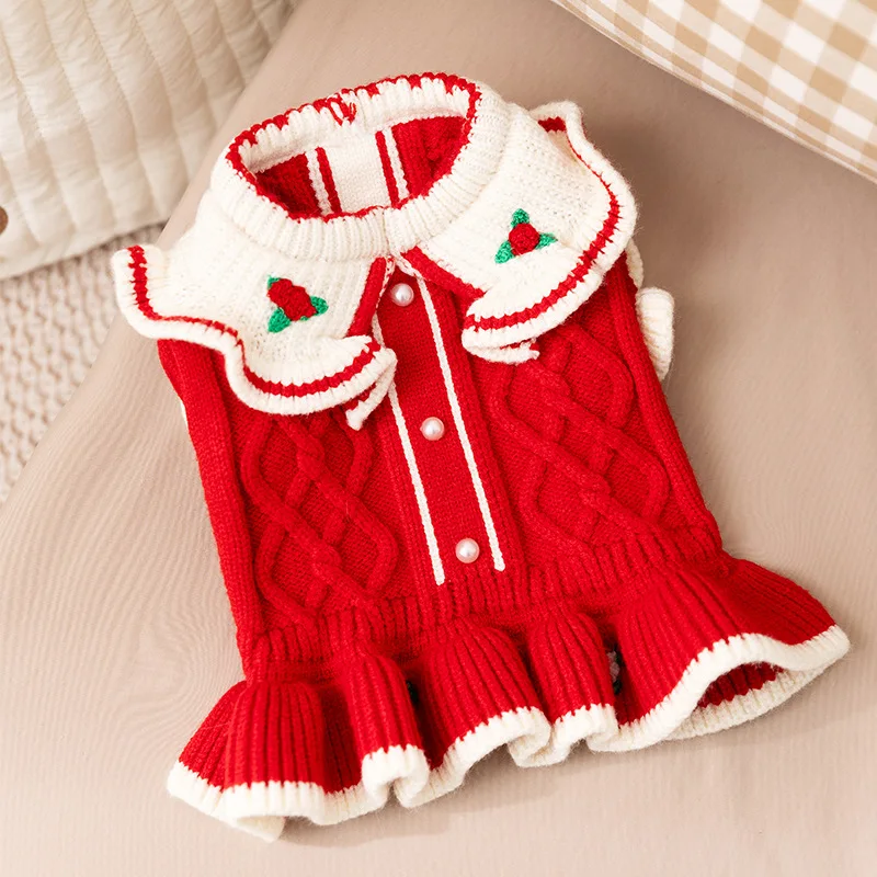 

Cute Flower Embroidery Red Sweater For Small Medium Dogs Autumn Winter Knit Puppy Sweater Hoodies Chihuahua Poodle Pet Clothes