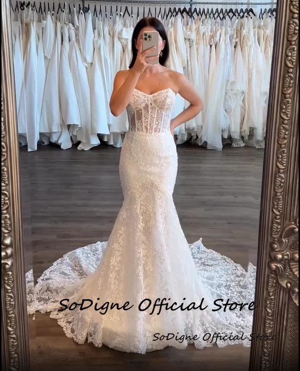 Sodigne sereia tule vestidos de casamento querida sem mangas rendas apliques vestido de noiva vestido de casamento robe de mairee ﻿ Personalizado