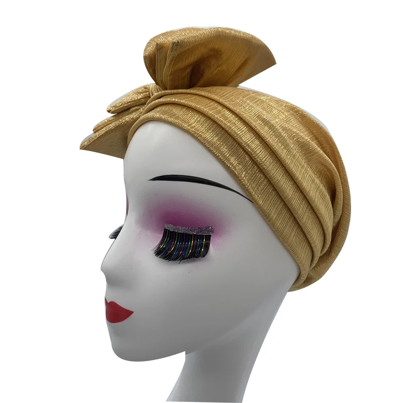 Shinning Multi-schicht Bowknot Turban Kappe für Frau Mode Afrikanische Headtie Nigeria Hochzeit Turbane Hut Muslim Headwrap Motorhaube – Detail 2