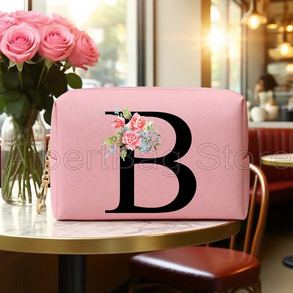 

Цветочные розы, монограмма, буква алфавита, подарки на день рождения, дорожная косметичка из искусственной кожи, водонепроницаемая сумка для хранения макияжа