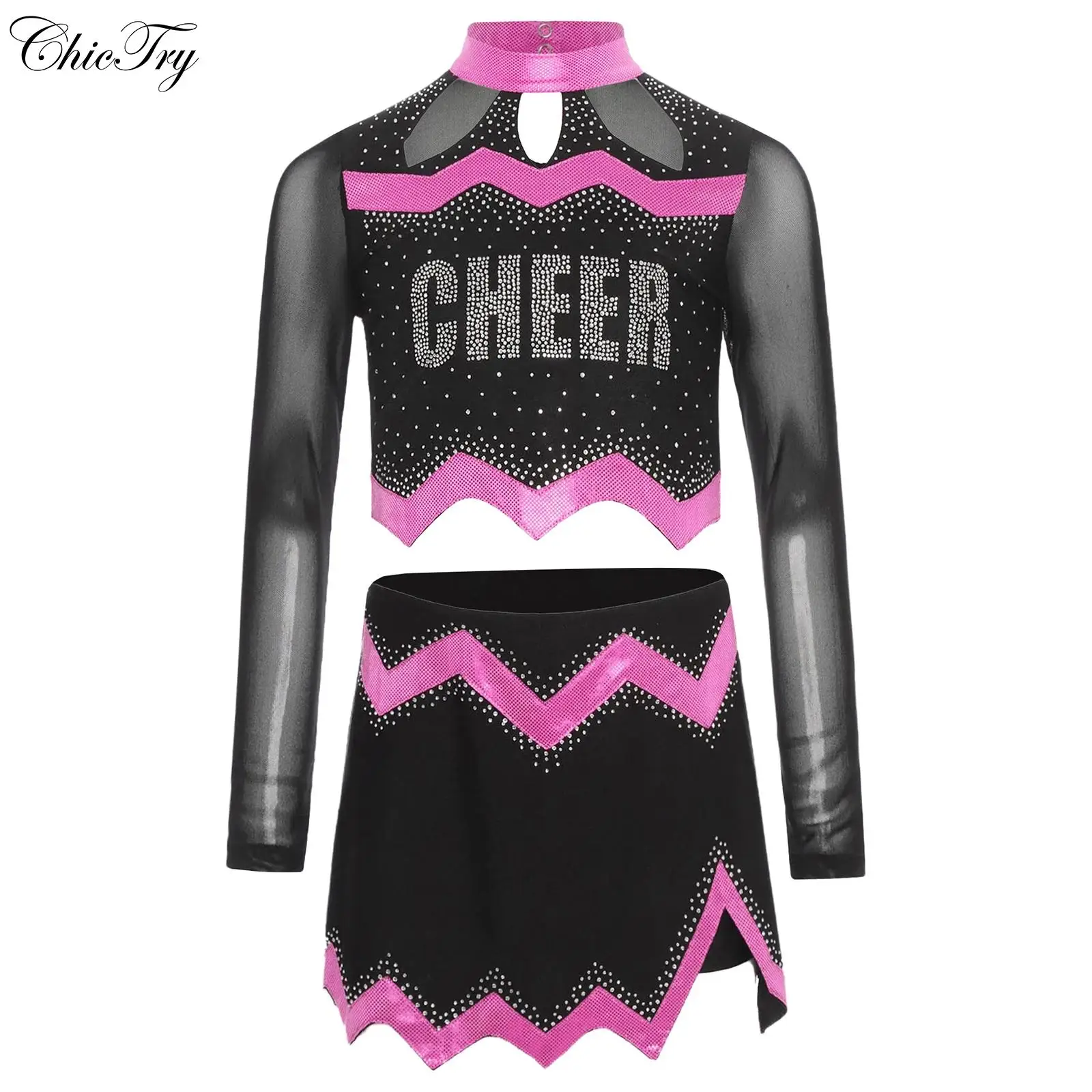 

Костюм черлидера для девочек, танцевальная форма черлидинга с длинными рукавами, укороченный топ со стразами и танцевальной юбкой, сценический наряд