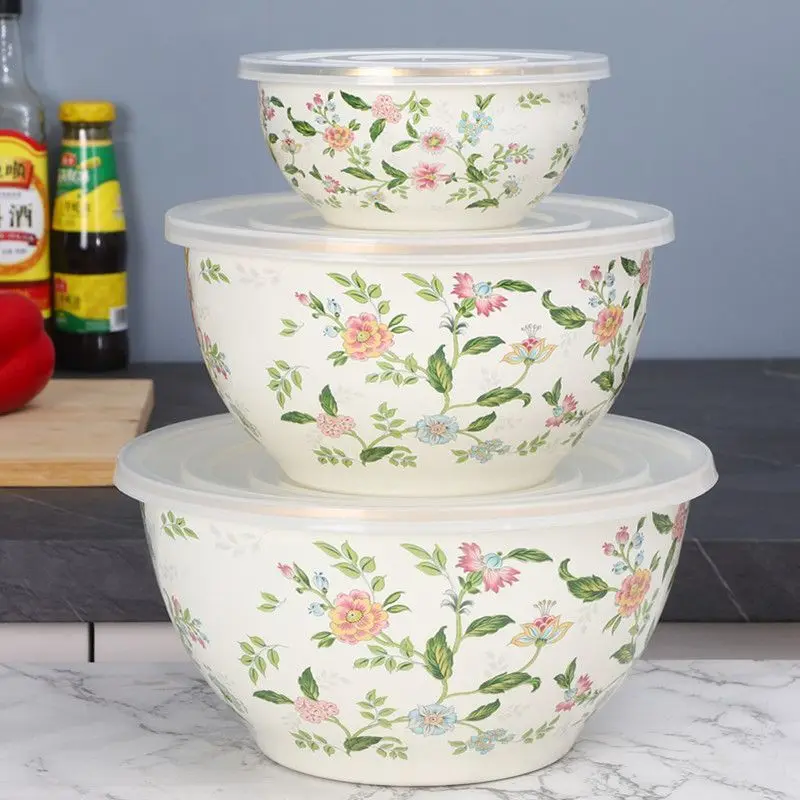 Enameled Set of Bowls with LidsTableware Enamel Bowl Tureens Noodles Soup Containing Fruits and Vegetables Enamel Basin