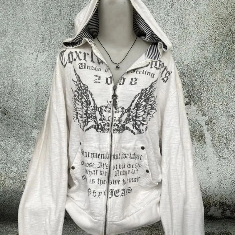 

Vintage Sweatshirts 2025 Women's Clothes White Print Tunic Hooded Y2k Coat Streetwear Fashion Casual Hoodies Tops