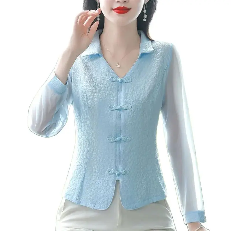 

Spring Summer Short Chiffon Shirt Women 2024 New V-Neck Pure Colour Cardigan Shirts Fashion Single-Breasted Blouse Top Female