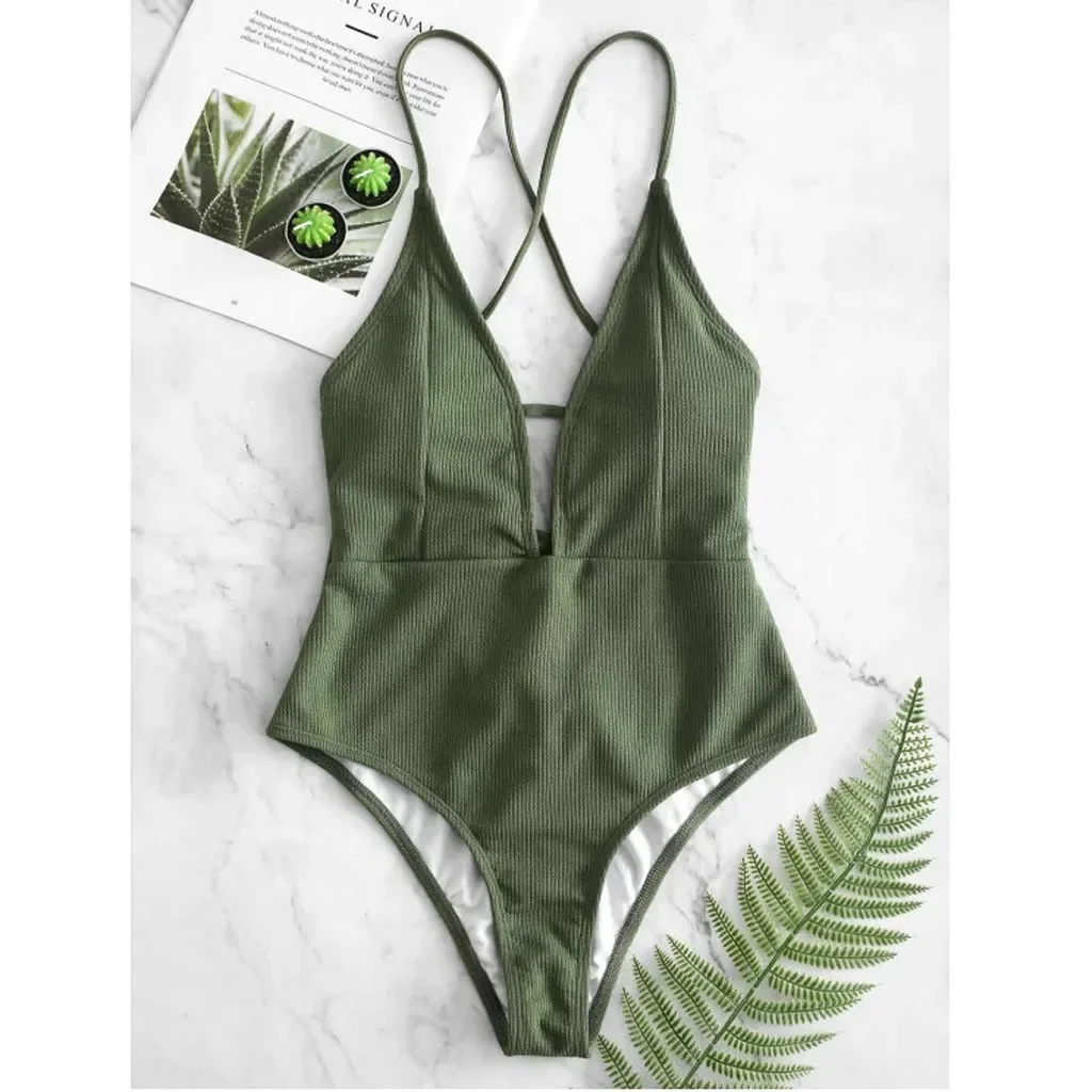 

Lace Splicing Back Hook Closure One Piece Swimsuit Women Solid Green Bandage Swimwear Beach Backless Monokini Bathing Suit 2026
