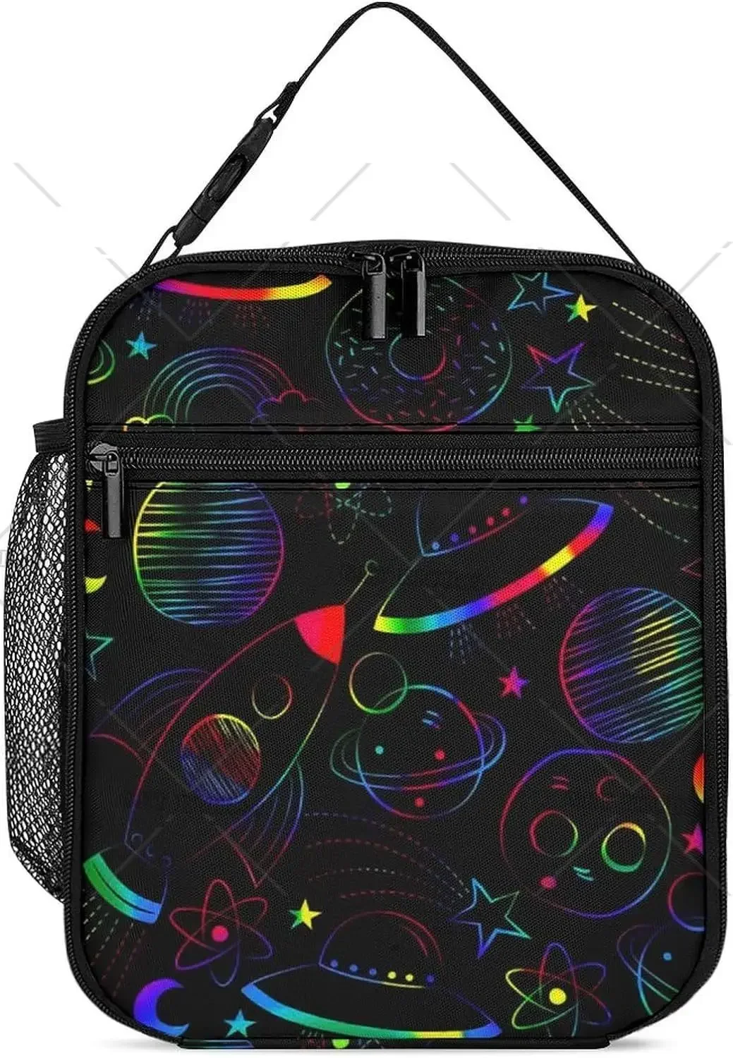 Doodle Solar System Astronauts Space Crafts Shooting Stars Portable Lunch Bag for Women Insulated Reusable Lunch Box for Work