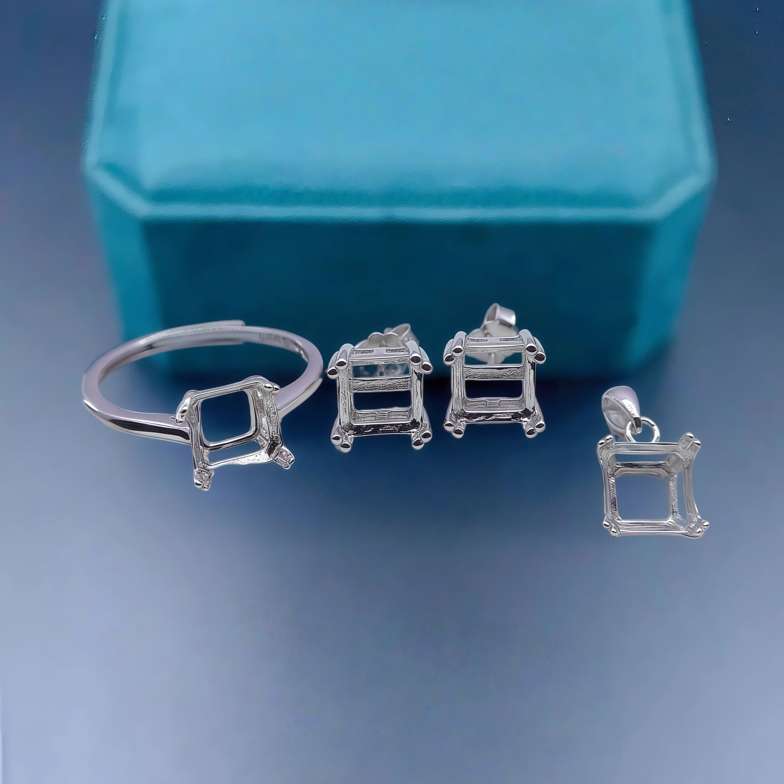 

DIY Pendant Ring Earrings Empty Holder S925 Sterling Silver Setting 5/6/7/8/9/10mm Square Stone Fine Weddings Jewelry for Woman