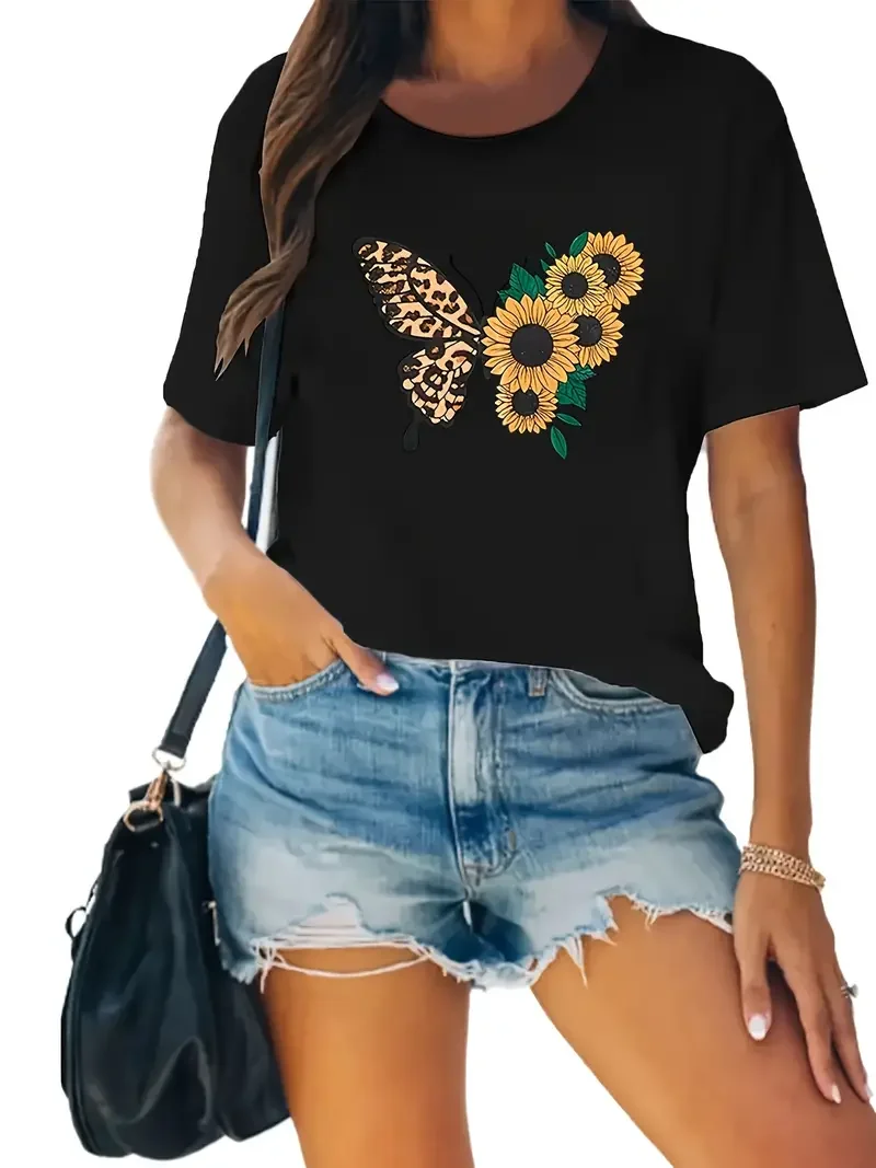 Leopard Print Sunflower Butterfly Print Short Sleeved Casual Women T-shirt Round Neck Women Graphical Female Summer