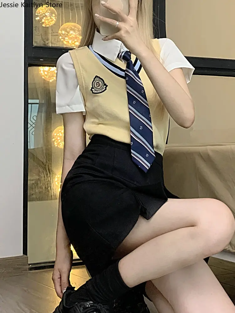 Coreano Kawaii Uniforme Escolar Mulheres Camisola Colete e Mini Saia JK Uniforme Japonês Escola Menina Anime Cosplay Uniforme Graduação Uniforme