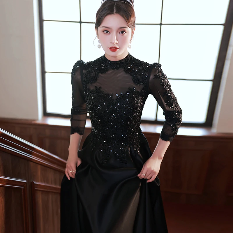 It\'s Yiiya High Neck Evening Dress Black Zipper Back A-Line Floor Length Full Sleeves Plus size Woman Formal Party Gowns XC016