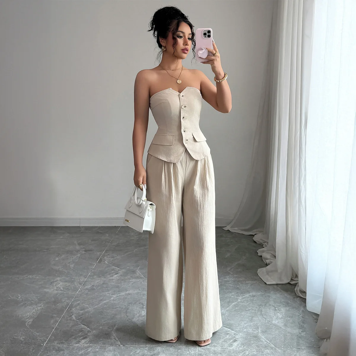

Women Pant Set Two Piece Sets Strapless Sleeveless Sexy Slim Fit Tops Wide Leg Long Pants High Waist Y2k Streetwear Work