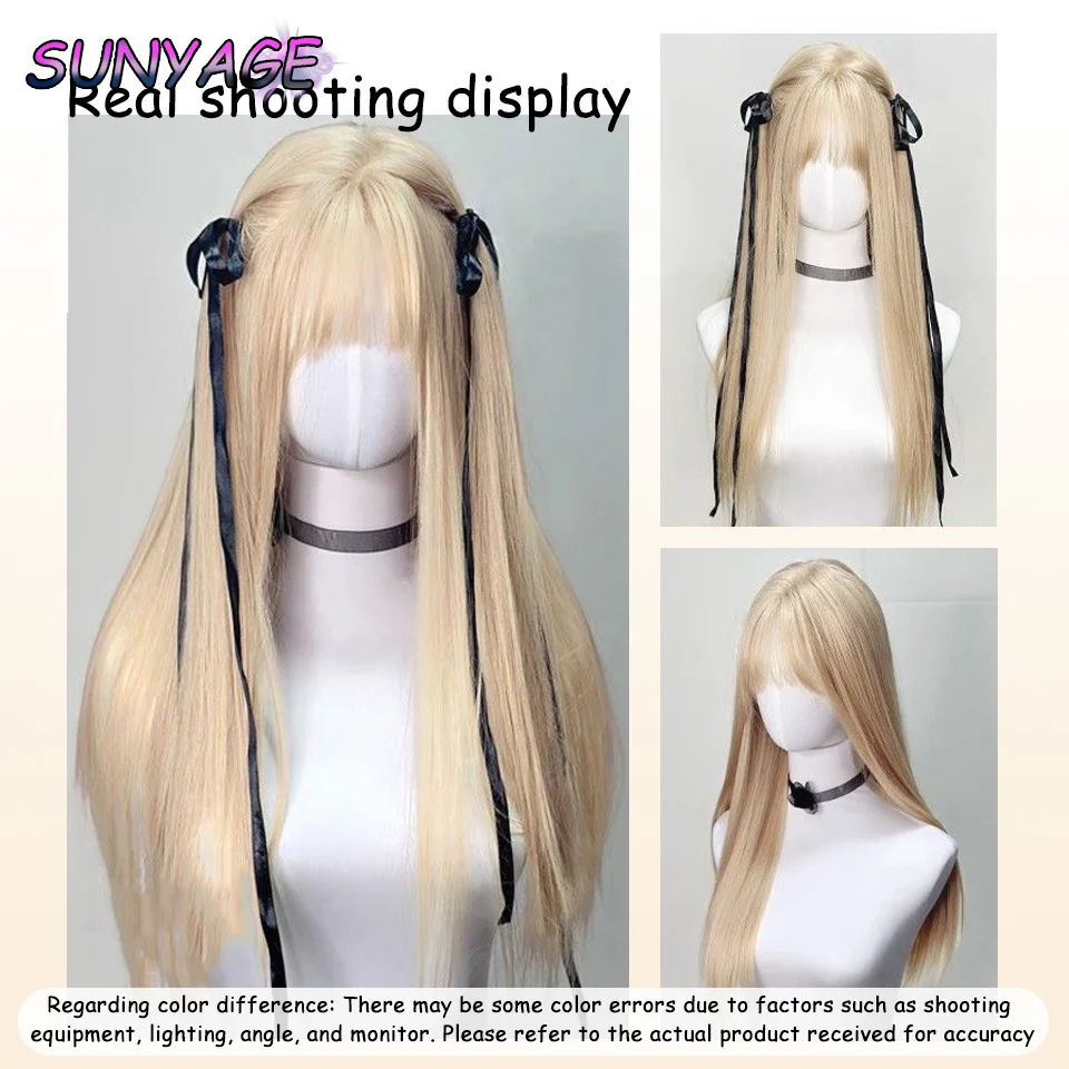 SUNYAGE Wig Lolita lurus panjang sintetis dengan Wig poni anak perempuan Wig Cosplay Ombre merah muda pirang lucu pesta Wig Harajuku Halloween