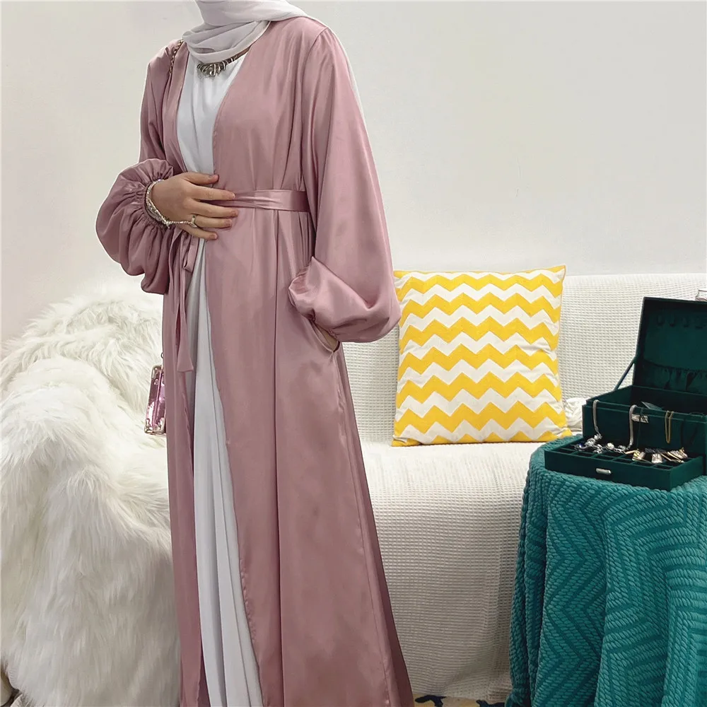 Eid brillant Satin ouvert Abaya Kimono Cardigan robes musulmanes femmes Robe Ramadan dubaï turc Islam Jalabiya vêtements Kebaya Caftan