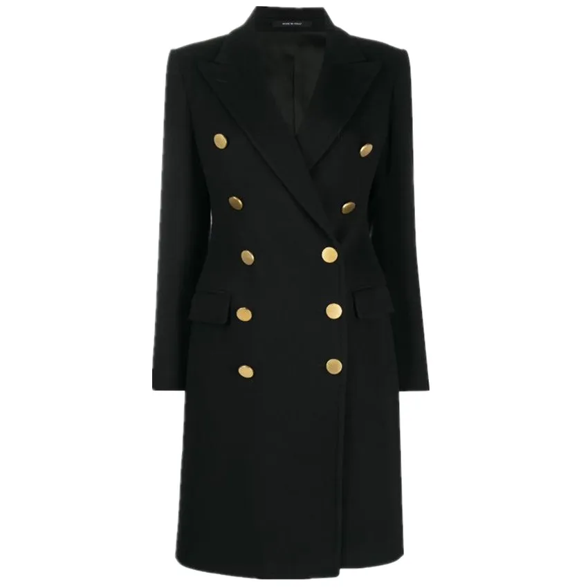 Herfst winter elegante wollen jas met dubbele rij knopen dames slanke ol lange overjas kantoordame