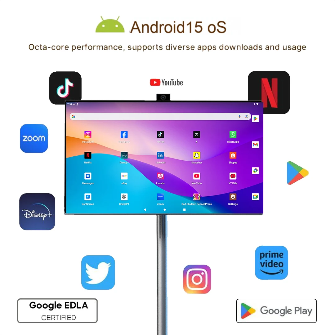 OFD 27 pollici Smart Tv portatile su ruote Android 15 Full Hd Touch Screen Monitor Rollable Android Tablet Pc per la casa