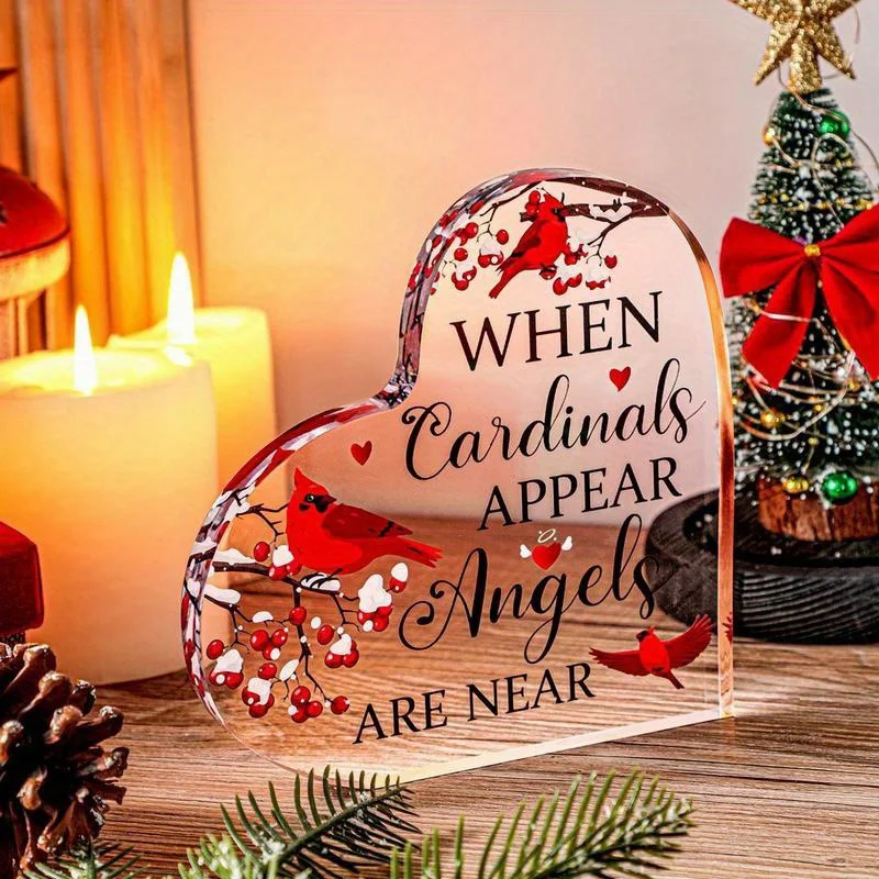 When Cardinals Appear Angels Are Near Heart‑Shaped Acrylic Plaque, Memorial Tabletop Decor