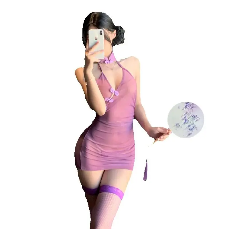 

Ladies' Sexy Lingerie Vintage Style Transparent Mesh Hanging Neck Deep V-neck No Take Off Wrapped Buttocks Lace Up Skirt