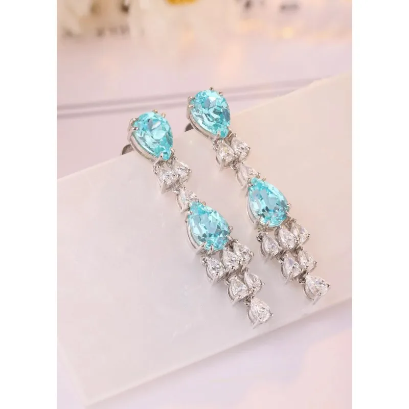 Ruihe New Classic Style Pear Shape Lab Grown Gemstone Paraiba 925 Silver Earrings Women Jewelry Ladies Party Gift