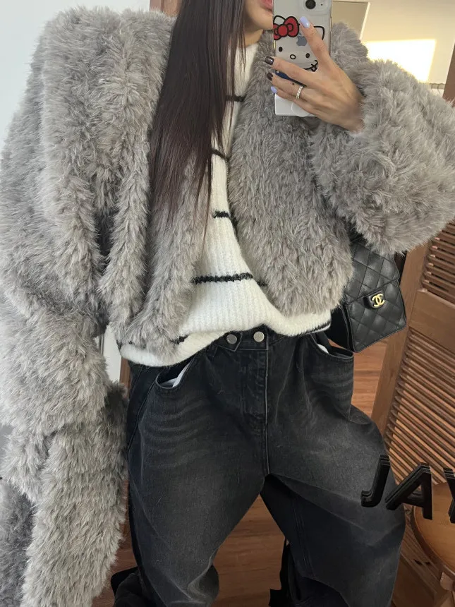 

Fluffy Fur Jaet Women Chic Loose Autumn Winter Thi Warm Lady Sle ort Top Scarf Straight Tube Long Sve V-Ne B...