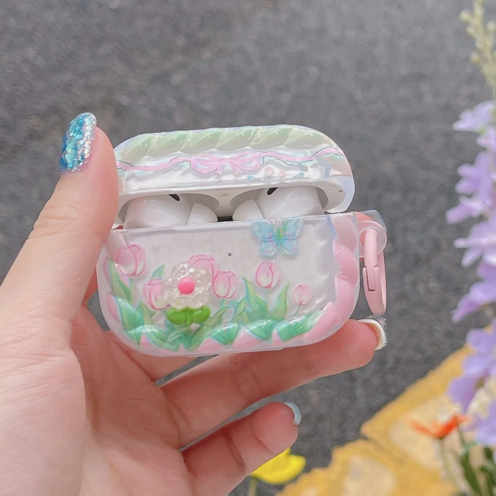 INS Rosa Tulpe 3D Blume Schmetterling Hülle für Apple AirPods Pro 1 2 3 Butterfly Twists Edge Wireless Kopfhörer Box Cover Schlüsselanhänger
