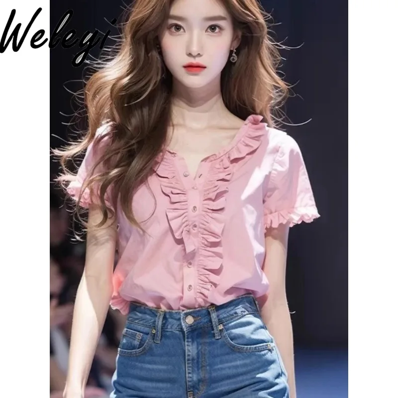 

Japanese Style Sweet Wooden Ear Pink Shirt for Women Cute Short Puff Sleeve Shirts French Summer Elegant Women's Solid Color Top