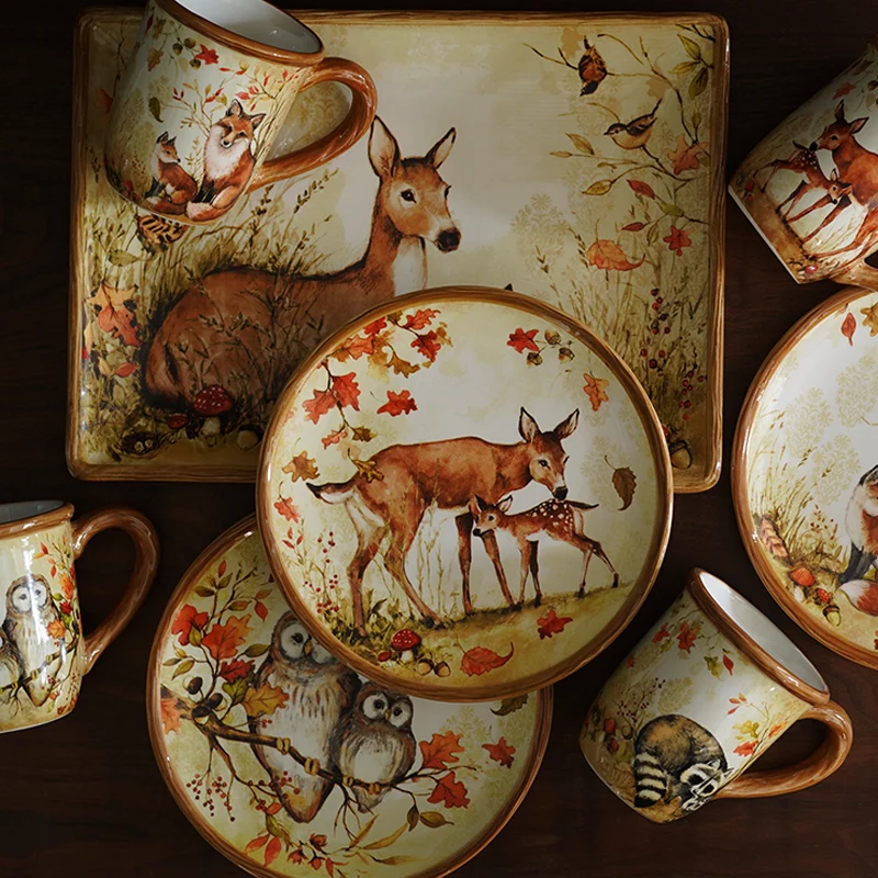 

Mori Style Warm Color European Style Underglaze Animal Illustration Style Ceramic Western Food Tableware Set Mug Plates Set