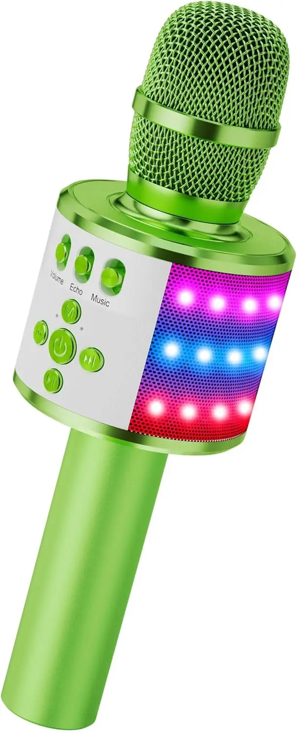 Micrófono de karaoke Bluetooth con luces de discoteca, efecto eco - Micrófono de canto portátil para niños y adultos, verde