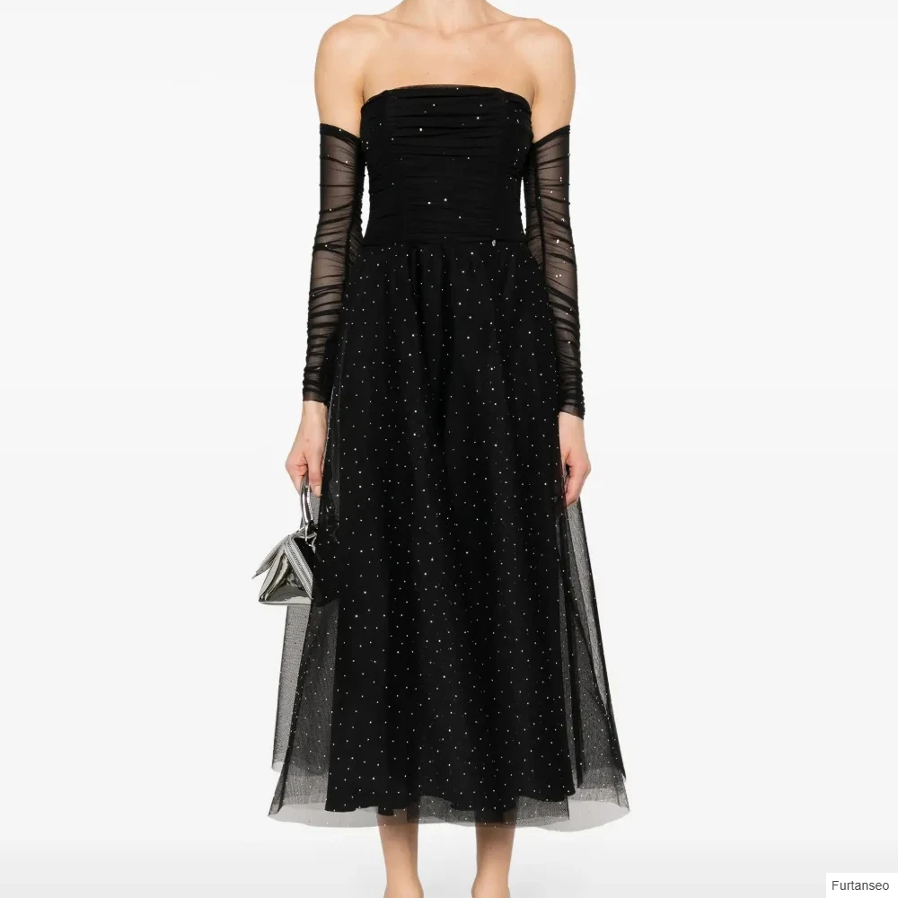 

A-line Women's Evening Dresses Tea-length Strapless Full Sleeve Prom Gown Fashion Crystal Simple Draped Casual Customized Gowns