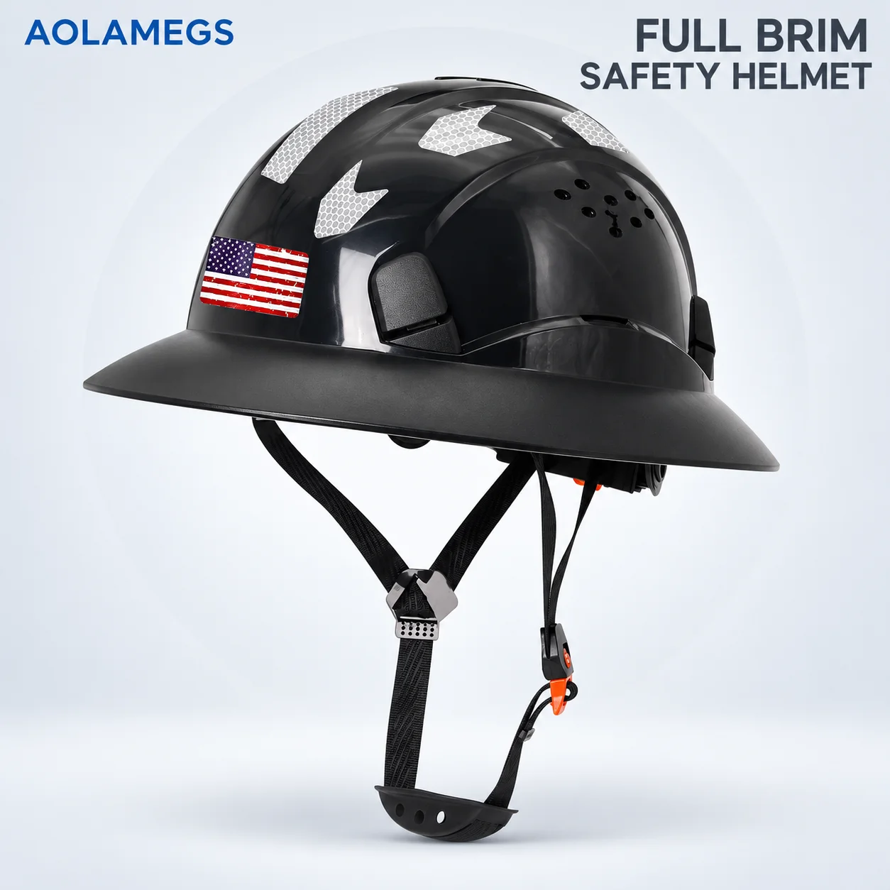 Aolamegs Full Brim Hard Hat Vented Safety Helmet with Reflective Stickers & US Flag for Construction Industrial Work ANSI Z89.1
