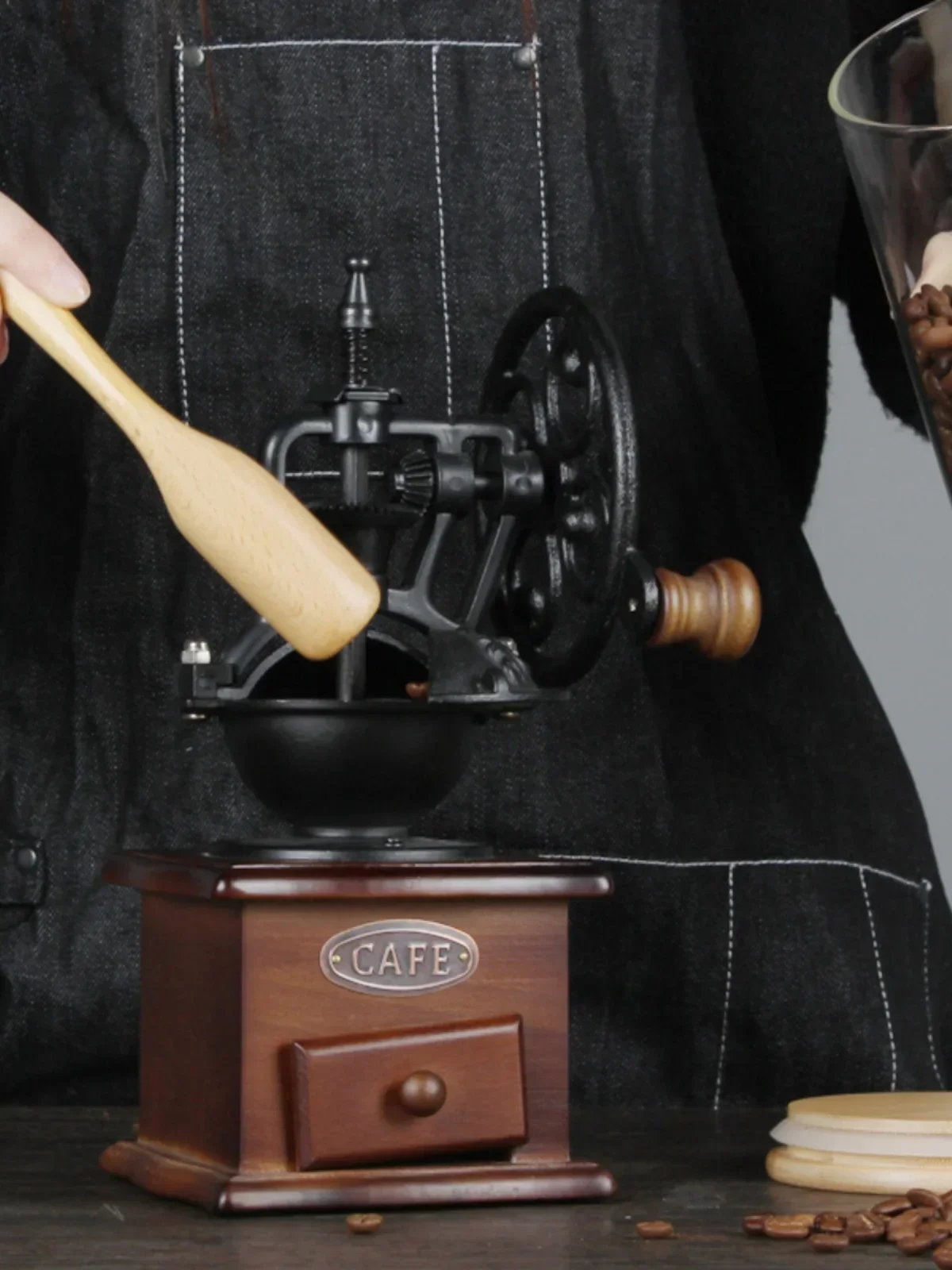 ​​Vintage Manual Coffee Grinder - Hand Crank Wooden Burr Mill with Ceramic Grinder for Espresso,French Press,Camping&Travel Use​