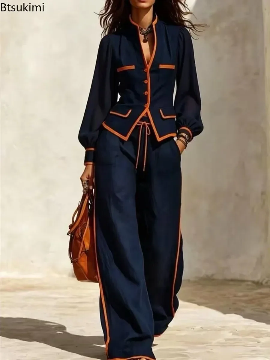 Fashion Color-blocked Long Sleeve Single-breasted Tops&Drawstring Pant Sets  Autumn Winter Casual Streetwear Women Matching Sets