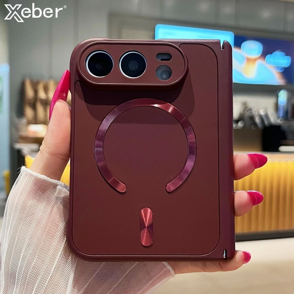 Luxuriöse Matte Handyhülle für iPhone Duo mit MagSafe Magnetischer Kabelloser Ladefunktion, Einfarbig, Scharnierschutz, Stoßfeste Bumper-Hülle